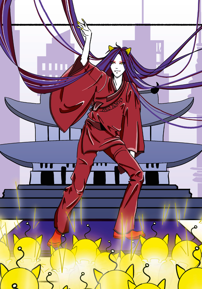 Sketch of an asian male infront of Korea Skyline. K-Pop Postcard 2025 - for Neo Tokyo Berlin GmbH, Schönhauser Allee 188, 10119 Berlin.